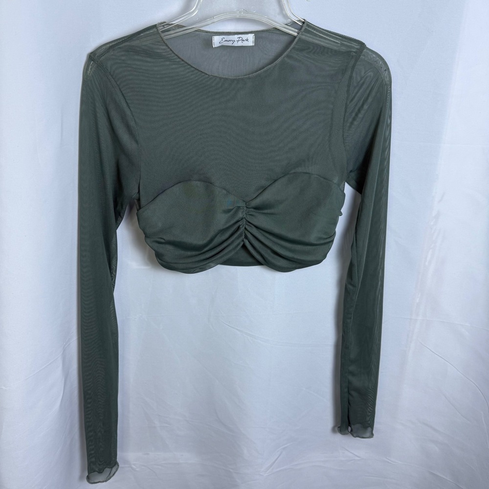 Emory Park Sage Green Mesh Ruched Sweetheart Crop Top Long Sleeve Medium Y2K
